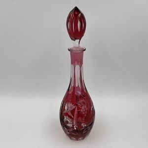 Bohemian Cranberry Cut to Clear Crystal Decanter Grape Starburst Ruby Red Glass